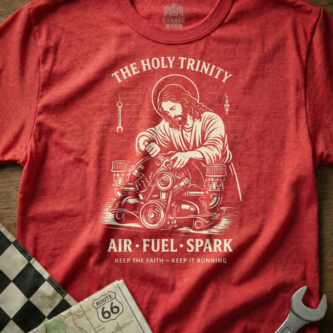 Red t-shirt with "The Holy Trinity" Jesus working on an engine.