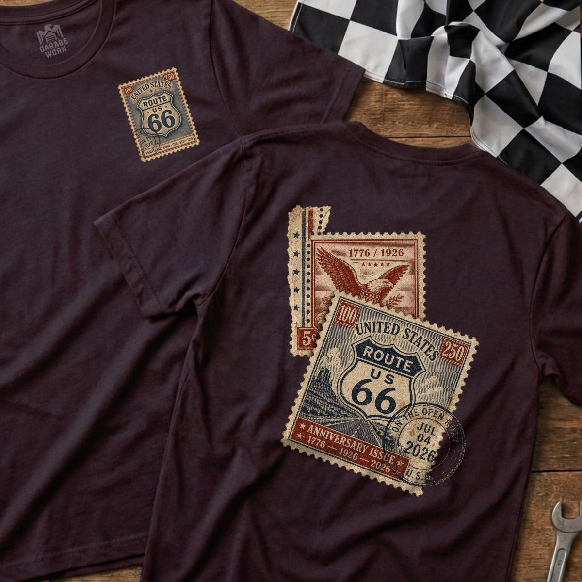 Two maroon t-shirts with Route 66 postage stamp designs.