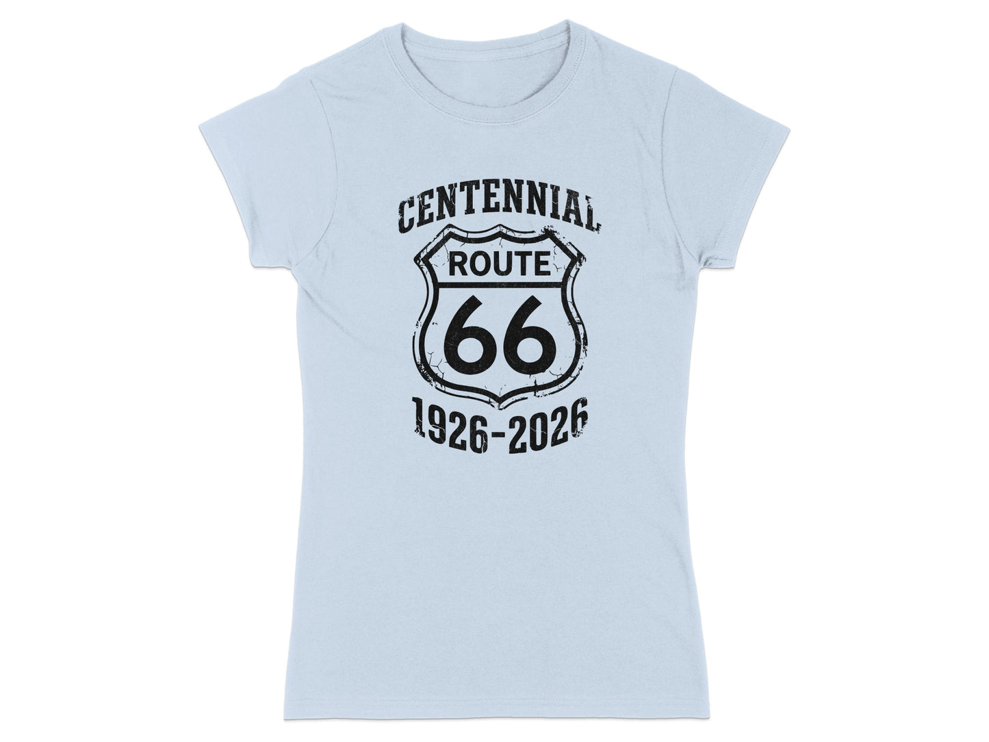 Light blue t-shirt with black "Centennial Route 66 1926-2026" graphic.