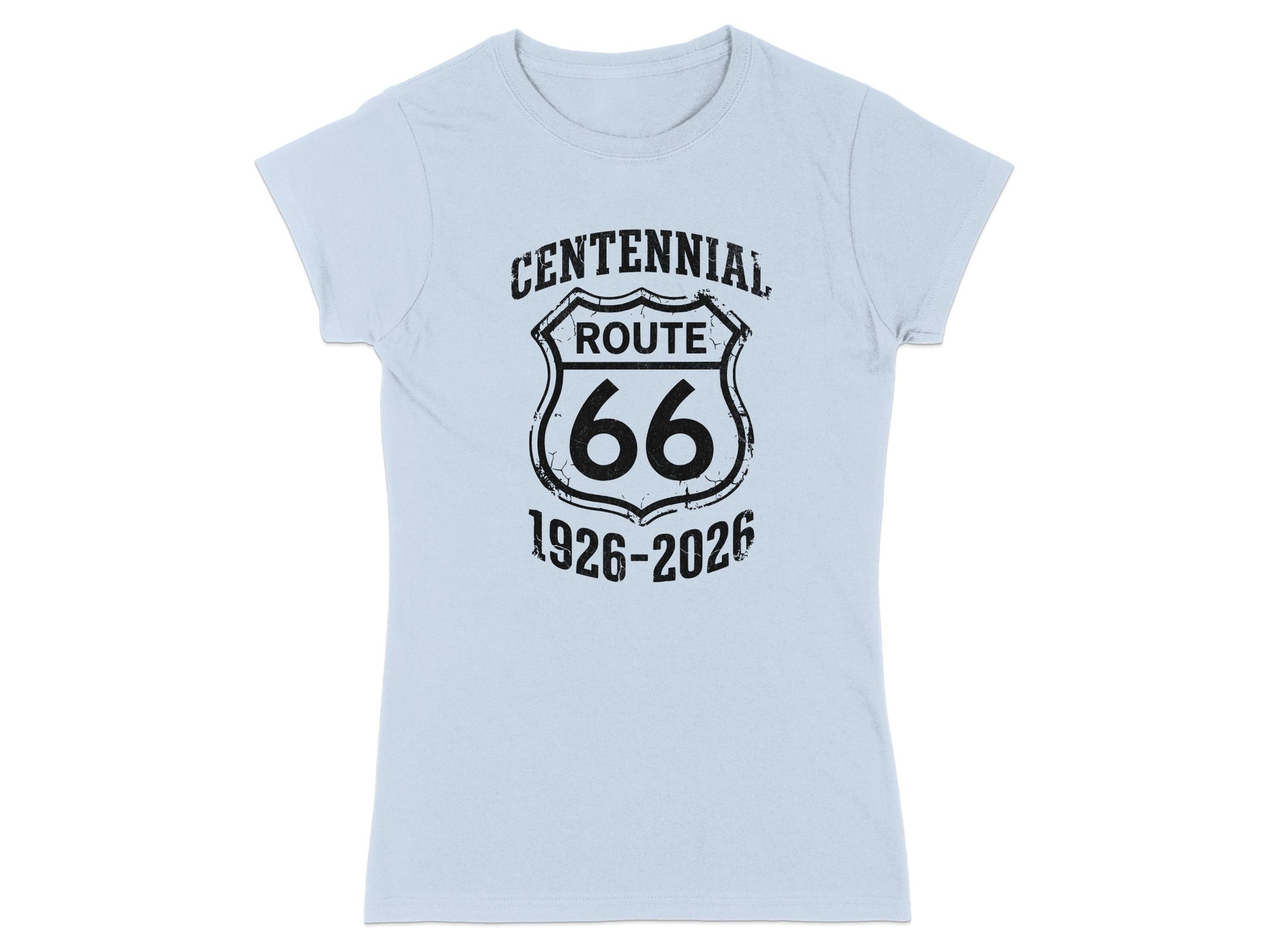 Light blue t-shirt with black "Centennial Route 66 1926-2026" graphic.
