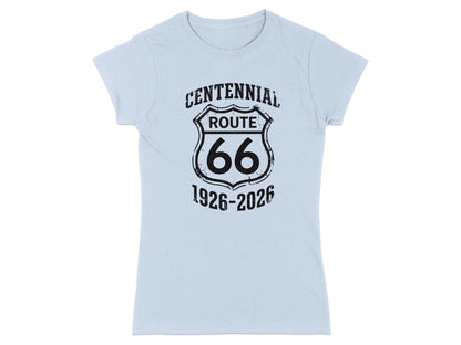 Light blue t-shirt with black "Centennial Route 66 1926-2026" graphic.