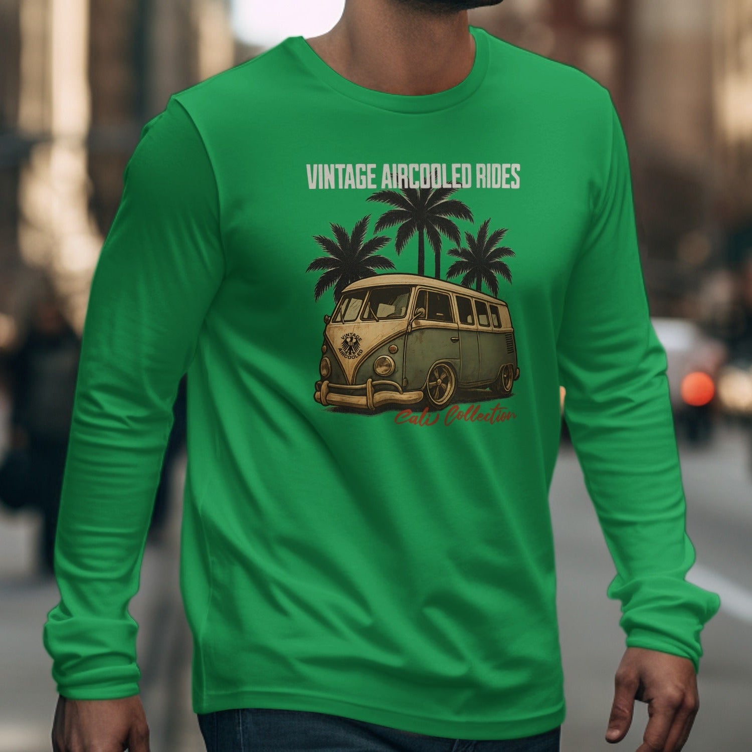 Green long-sleeve shirt with "Vintage Aircooled Rides" and a vintage van graphic.