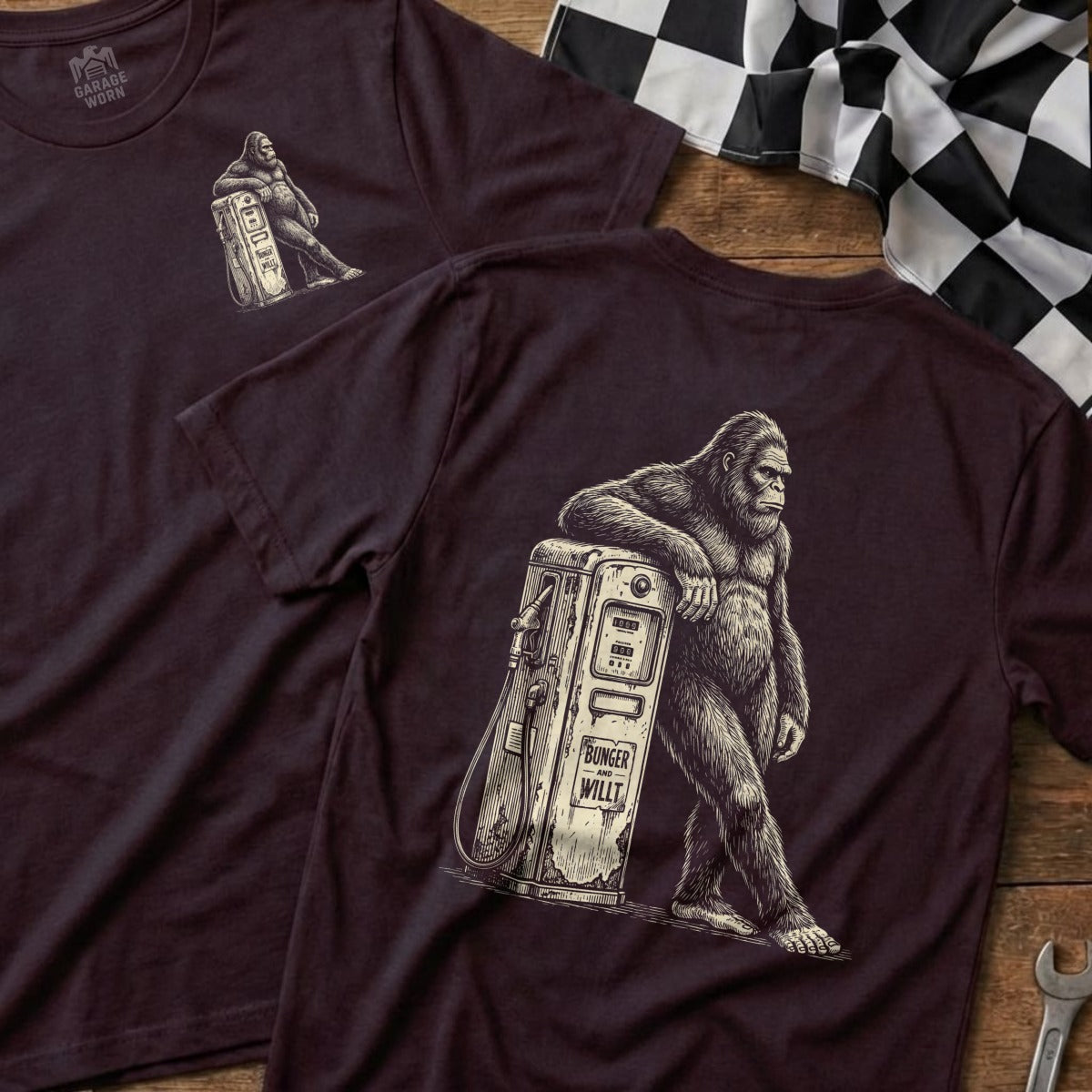 Bigfoot leans against a vintage gas pump with "BUNKER WILLT" text.