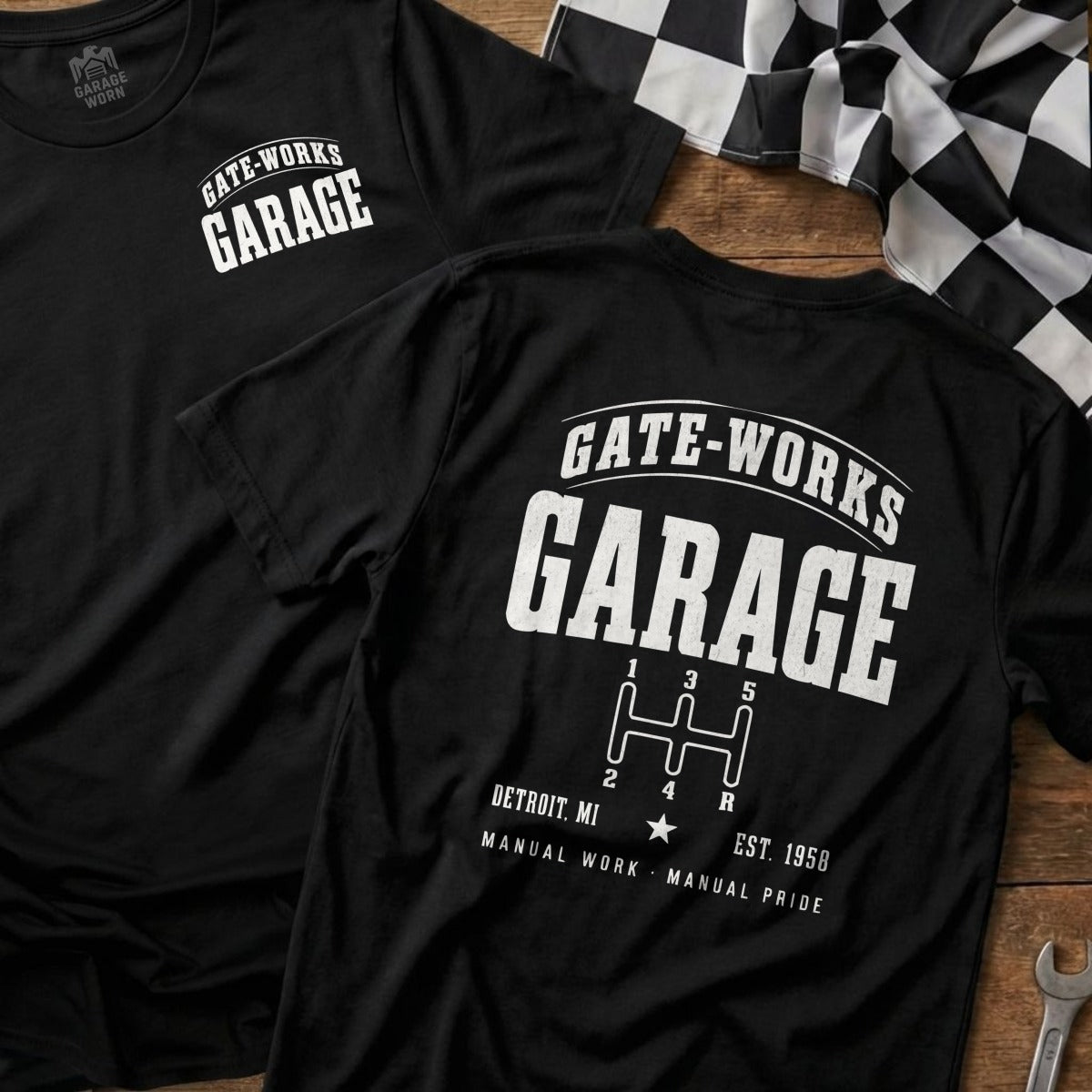 Black t-shirt with "GATE-WORKS GARAGE" and a gear shift graphic.
