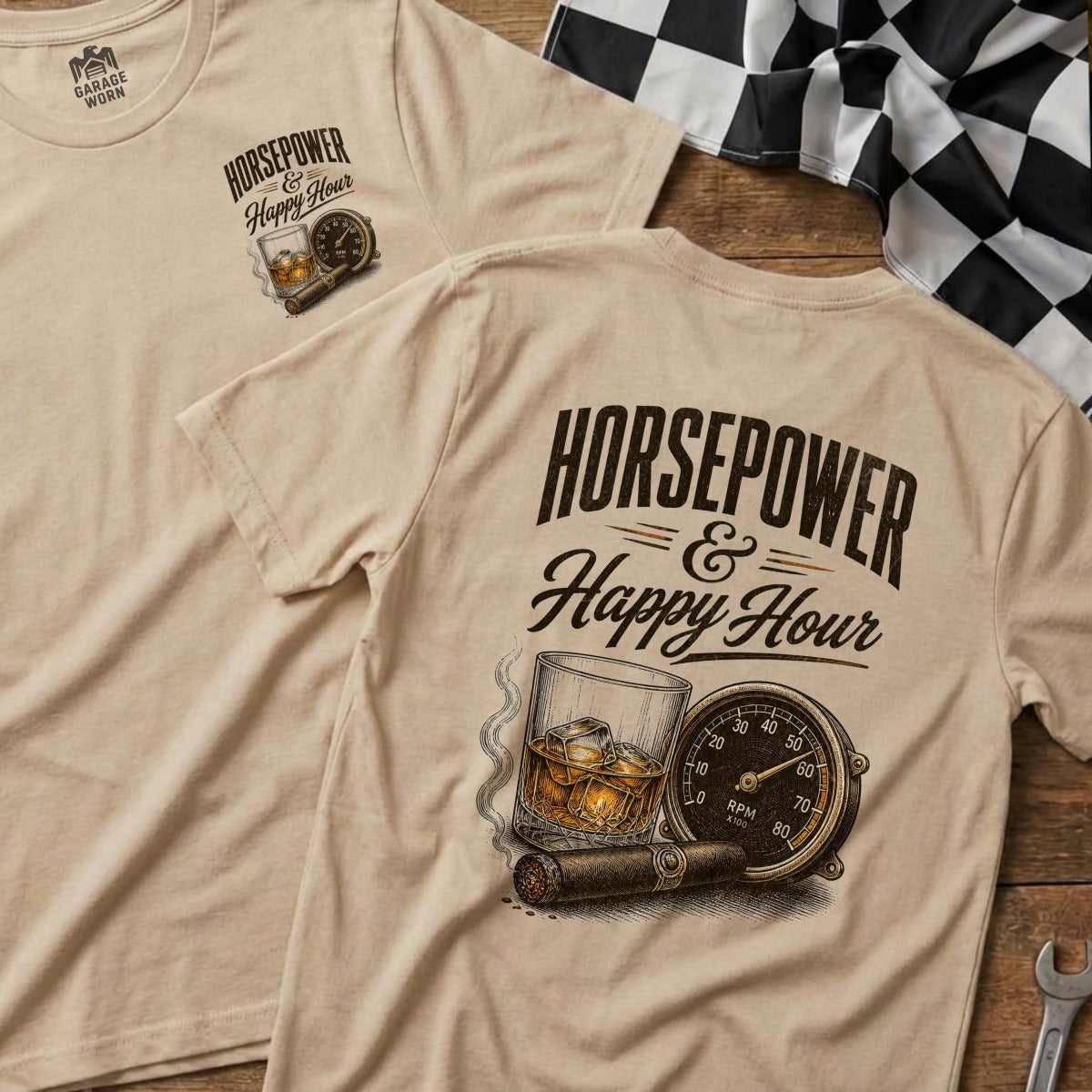 Tan t-shirt with "Horsepower & Happy Hour" graphic, whiskey, cigar, and speedometer.