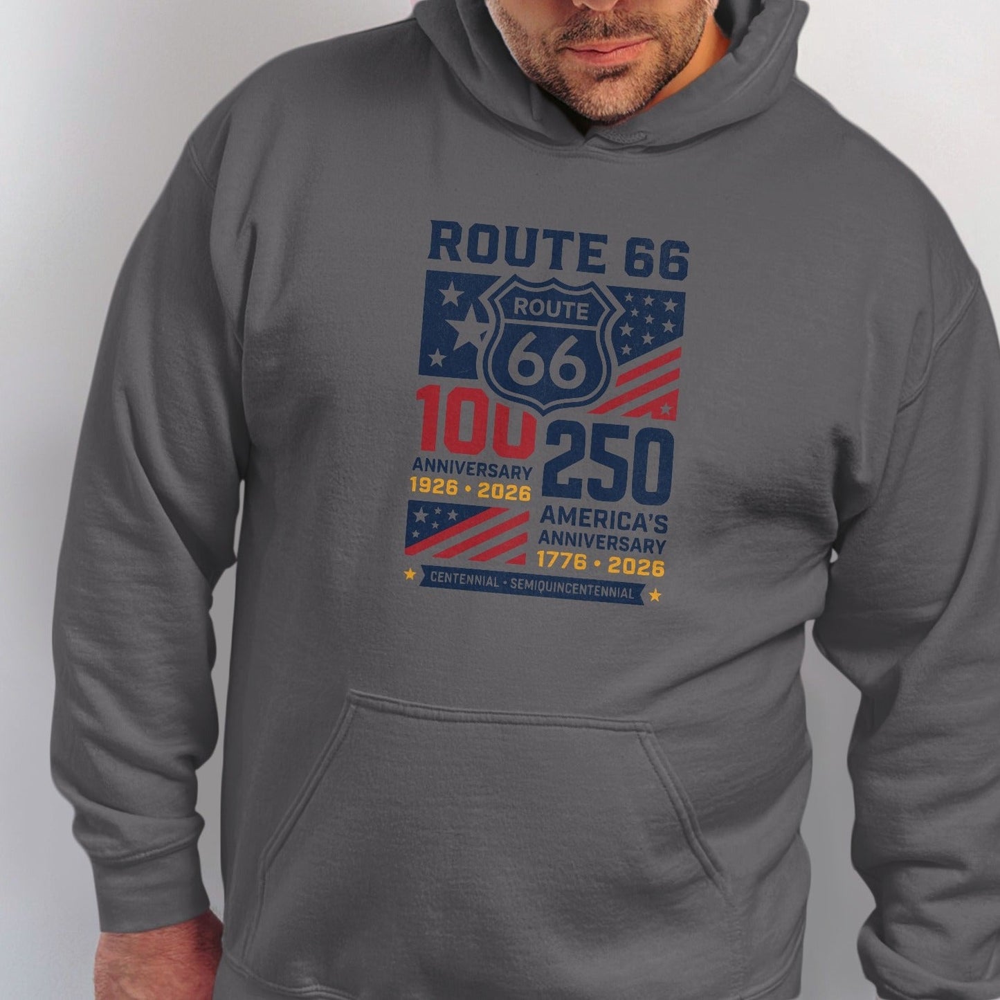 Route 66 and America's 100th and 250th anniversary graphic on gray hoodie.