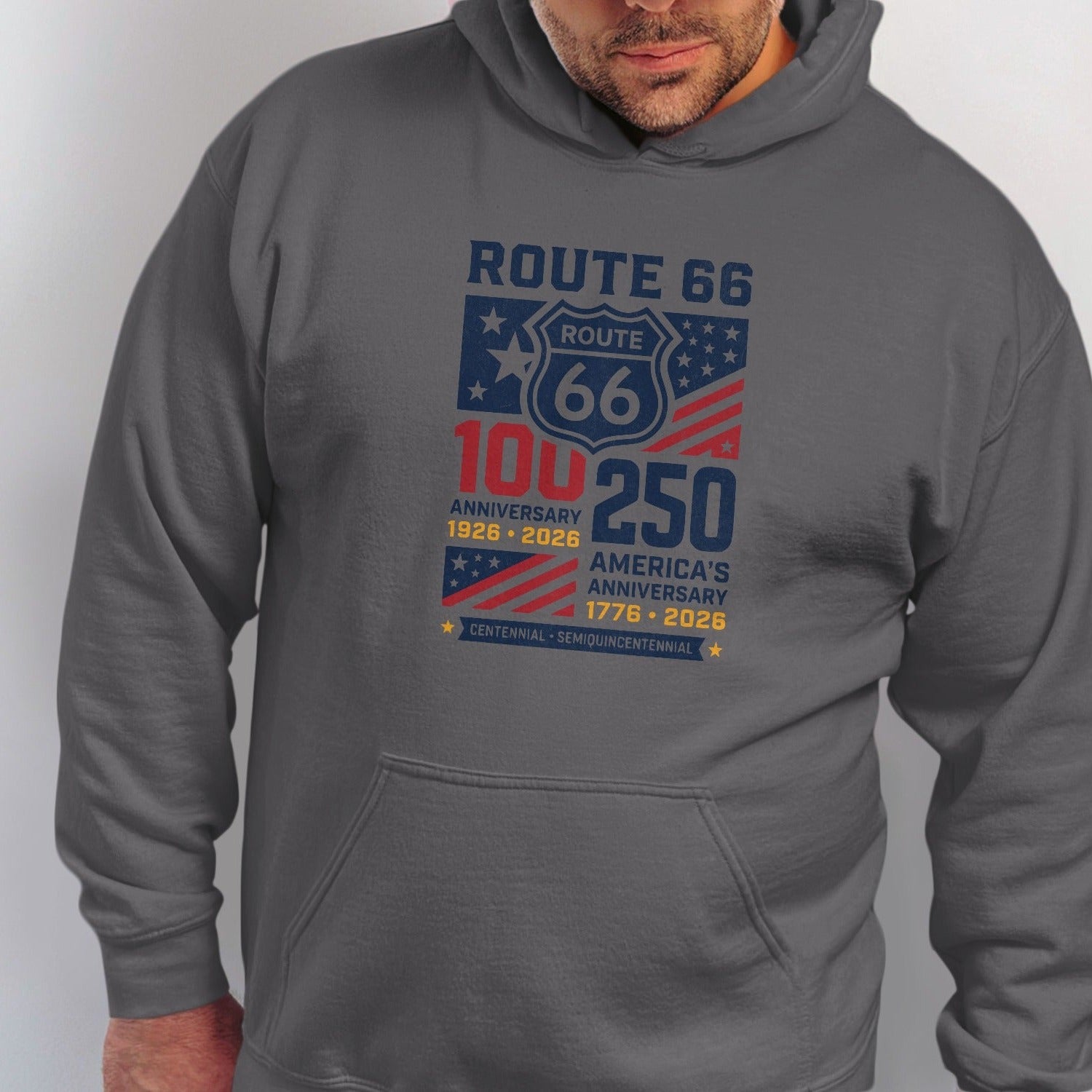 Route 66 and America's 100th and 250th anniversary graphic on gray hoodie.