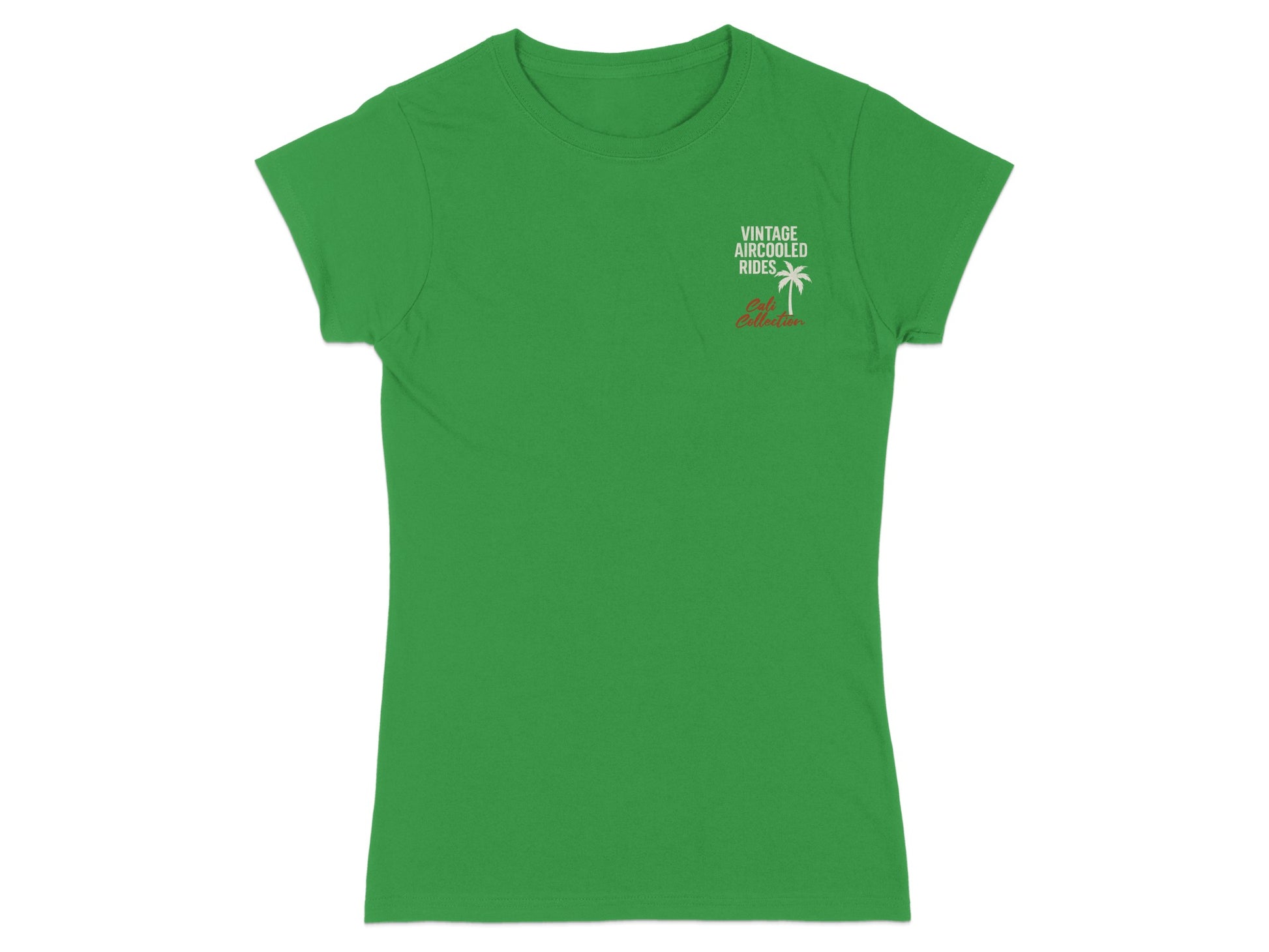 Green t-shirt with "VINTAGE AIRCOOLED RIDES Cali Collection" and a palm tree.