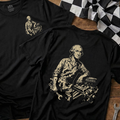 Black t-shirt featuring George Washington leaning on a car engine.