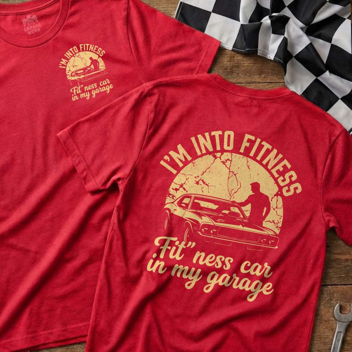 Red t-shirts with "I'M INTO FITNESS Fit" ness car in my garage" graphic.