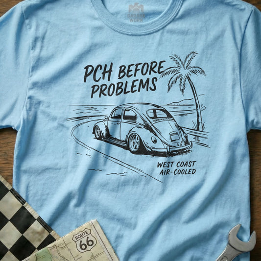 Light blue t-shirt with "PCH BEFORE PROBLEMS WEST COAST AIR-COOLED" and a classic car.