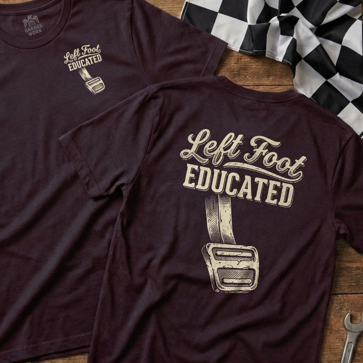 Burgundy t-shirt with "Left Foot Educated" and pedal graphic.