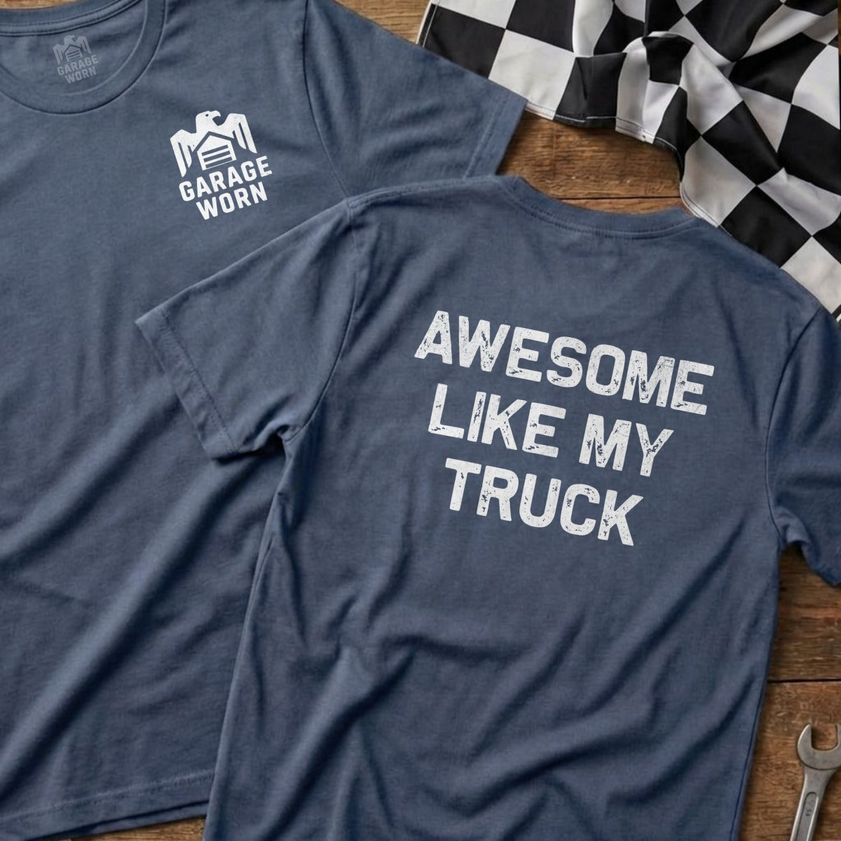 Navy t-shirt with "Awesome Like My Truck" on back, logo on front.