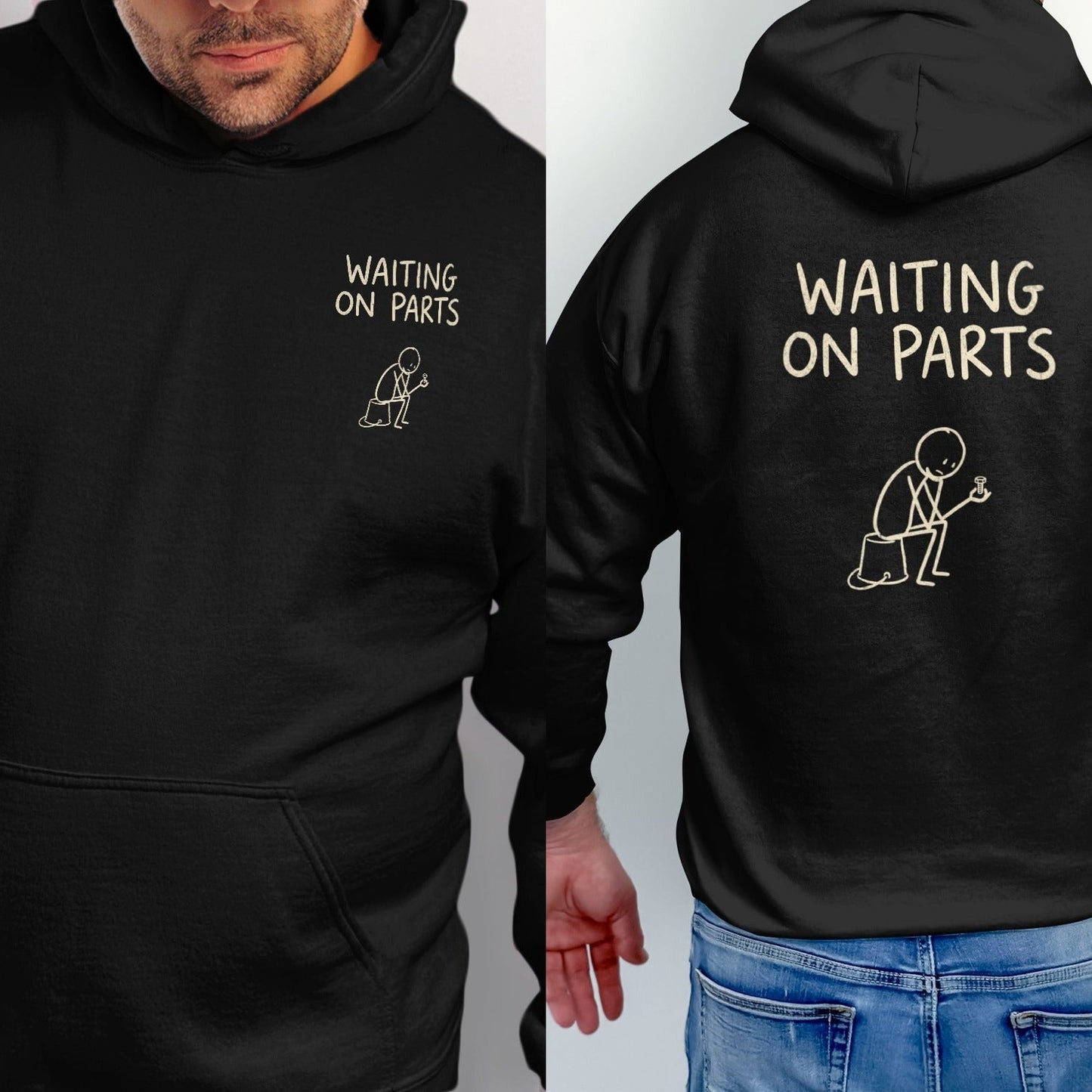 Black hoodie featuring "WAITING ON PARTS" and a stick figure sitting on a bucket.