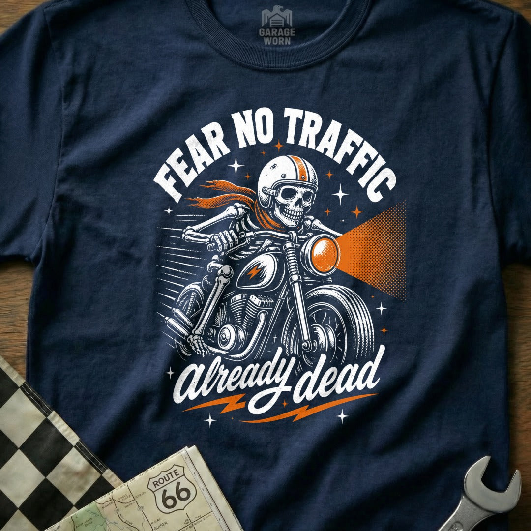 Skeleton biker with "Fear No Traffic Already Dead" text on a navy t-shirt.