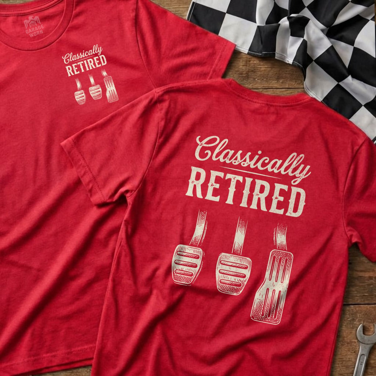 Red t-shirts with "Classically Retired" and pedal graphics.