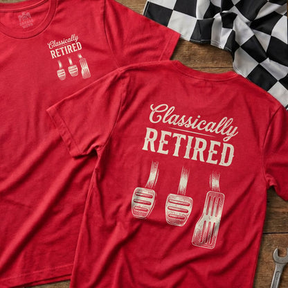 Red t-shirts with "Classically Retired" and pedal graphics.