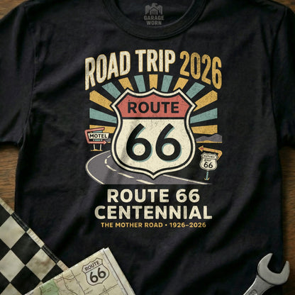 Black t-shirt with Route 66 Centennial design, featuring road signs.