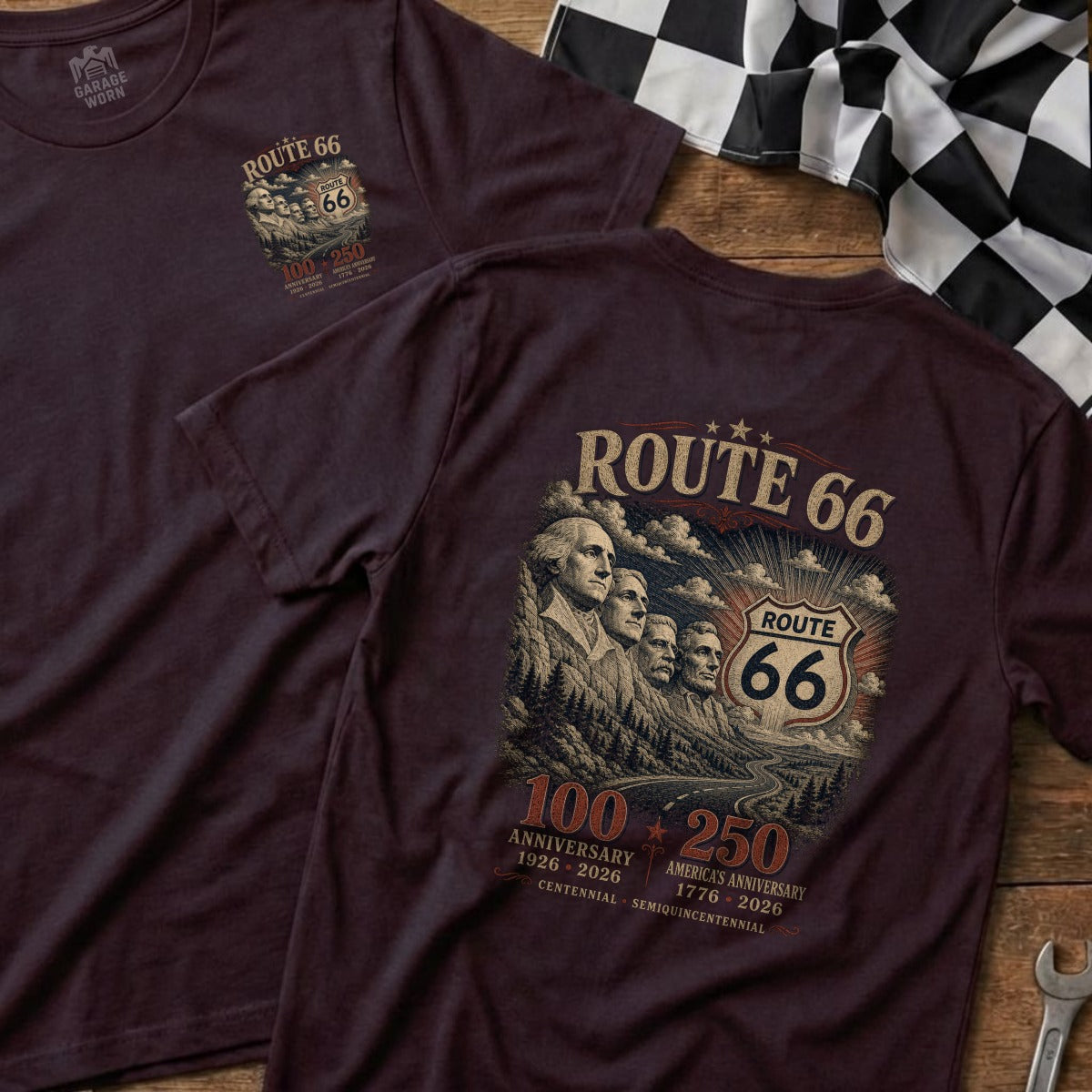 Route 66 t-shirt featuring Mount Rushmore, Route 66 sign, and anniversary dates.
