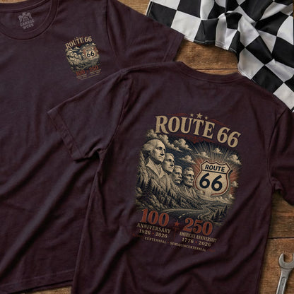 Route 66 t-shirt featuring Mount Rushmore, Route 66 sign, and anniversary dates.