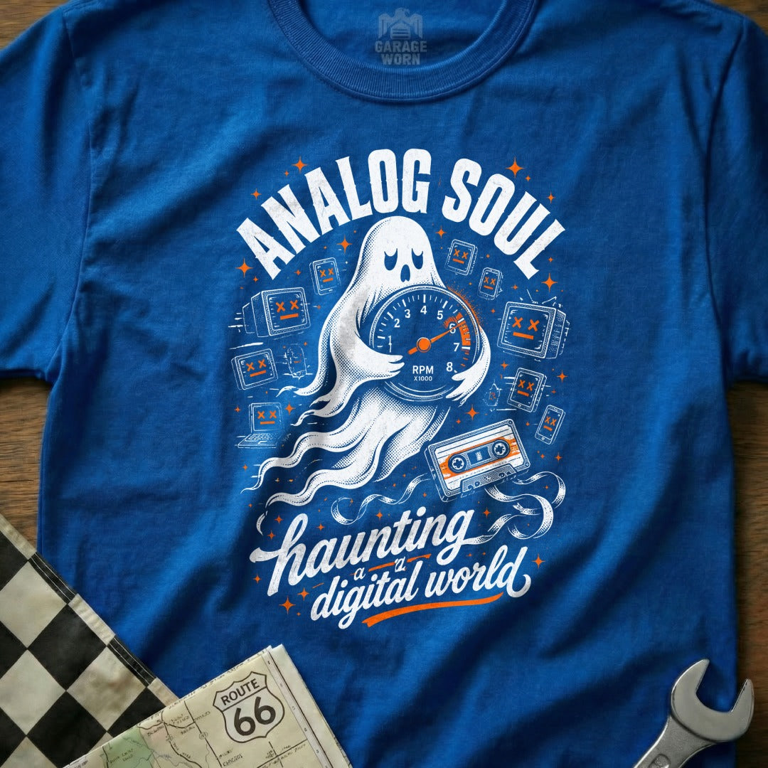 Blue t-shirt with a ghost holding an RPM gauge, "Analog Soul" and "haunting a digital world" text.