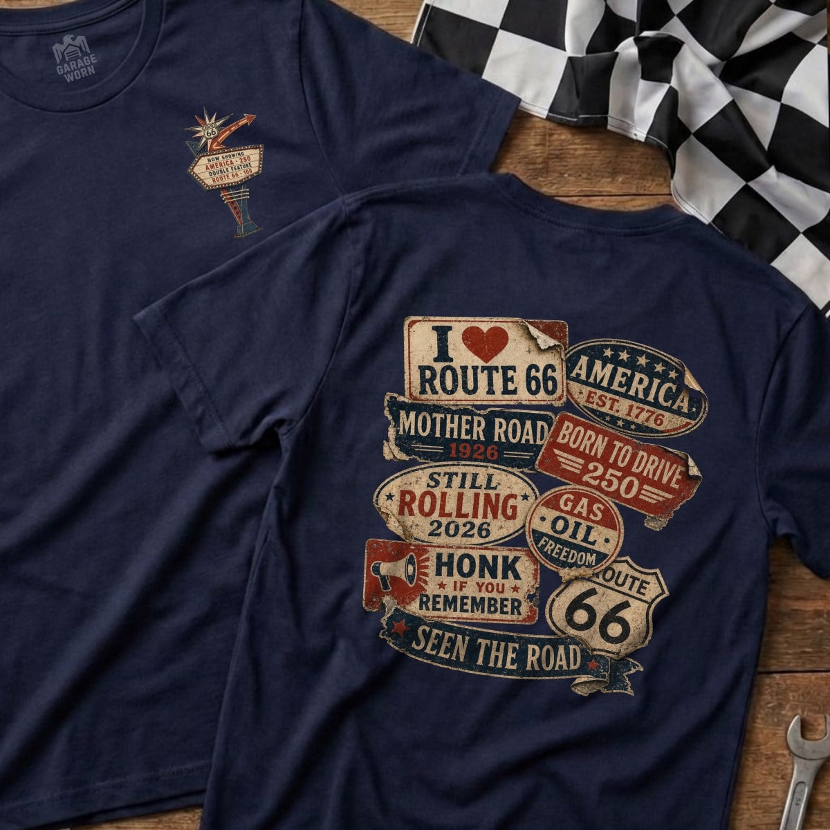 Navy t-shirts with Route 66 graphics, "Seen the Road" and "Born to Drive."