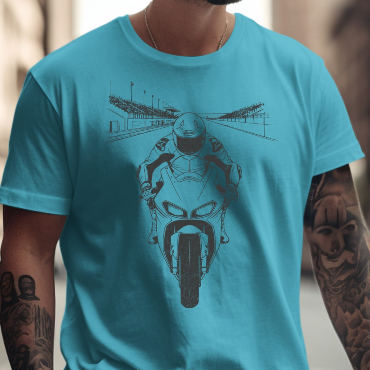 Blue Graphic Tee With Motorcycle Track Design product type