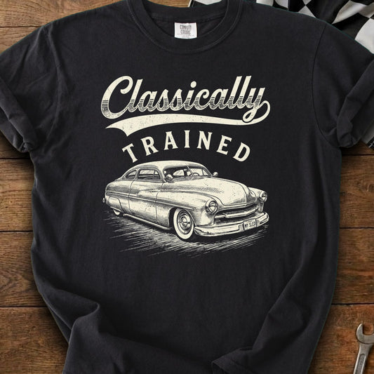 Black t-shirt with "Classically TRAINED" and a vintage car illustration.