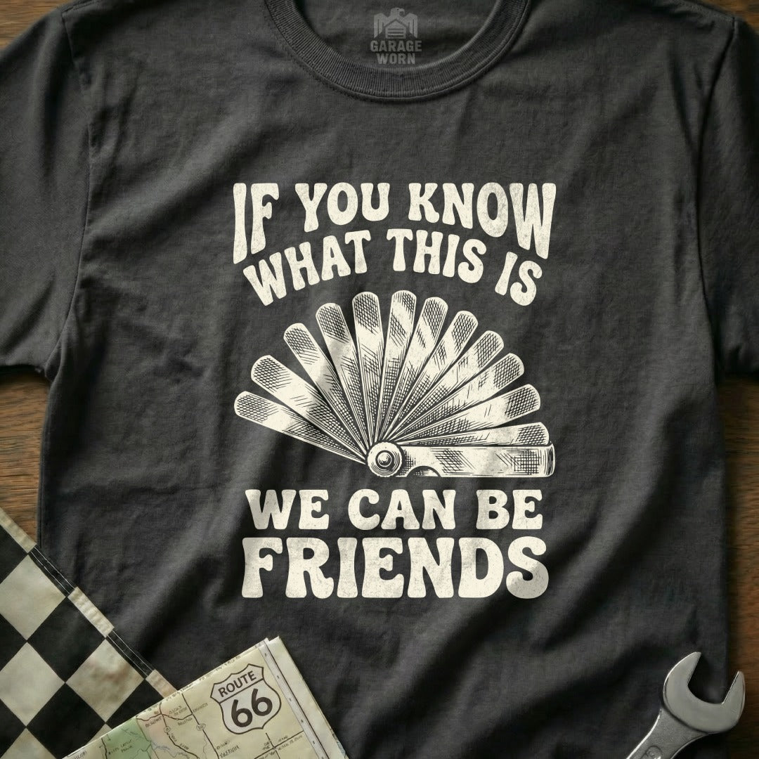 Dark t-shirt with "If you know what this is we can be friends" and a fan gauge.