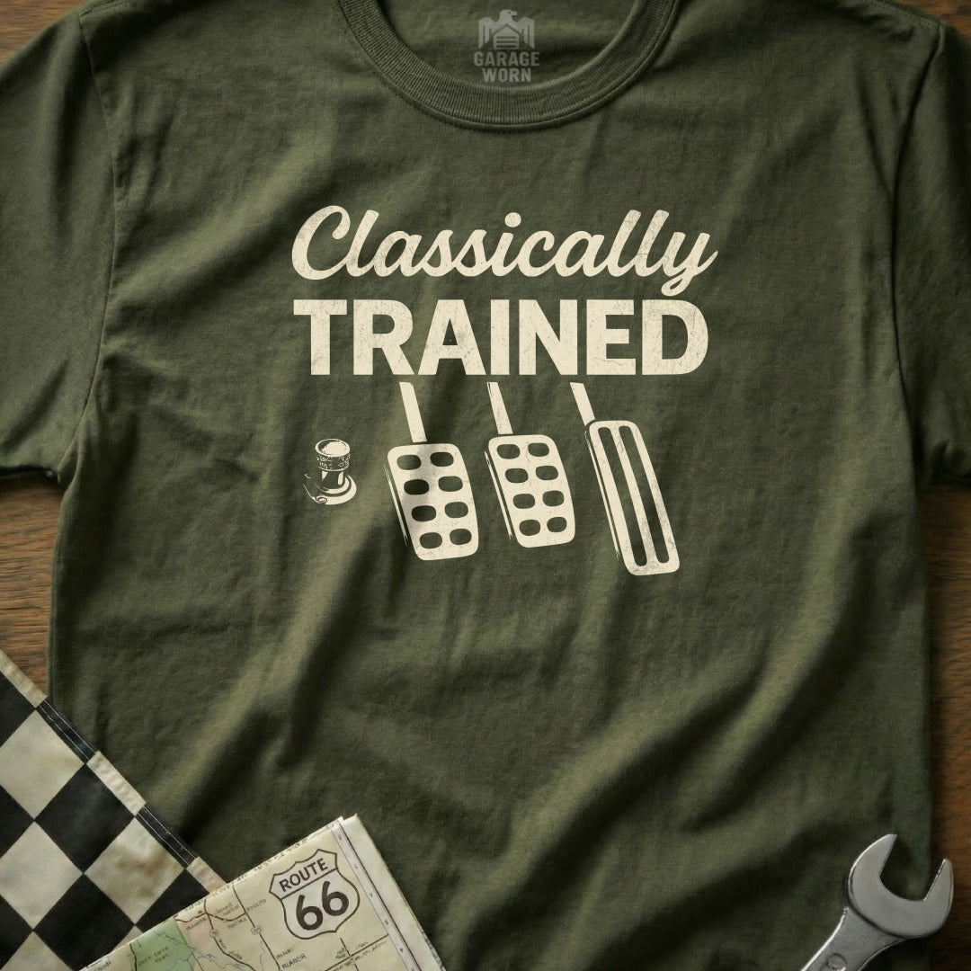 Olive t-shirt with "Classically Trained" text and three pedals.