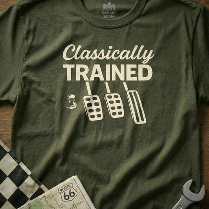 Olive t-shirt with "Classically Trained" text and three pedals.
