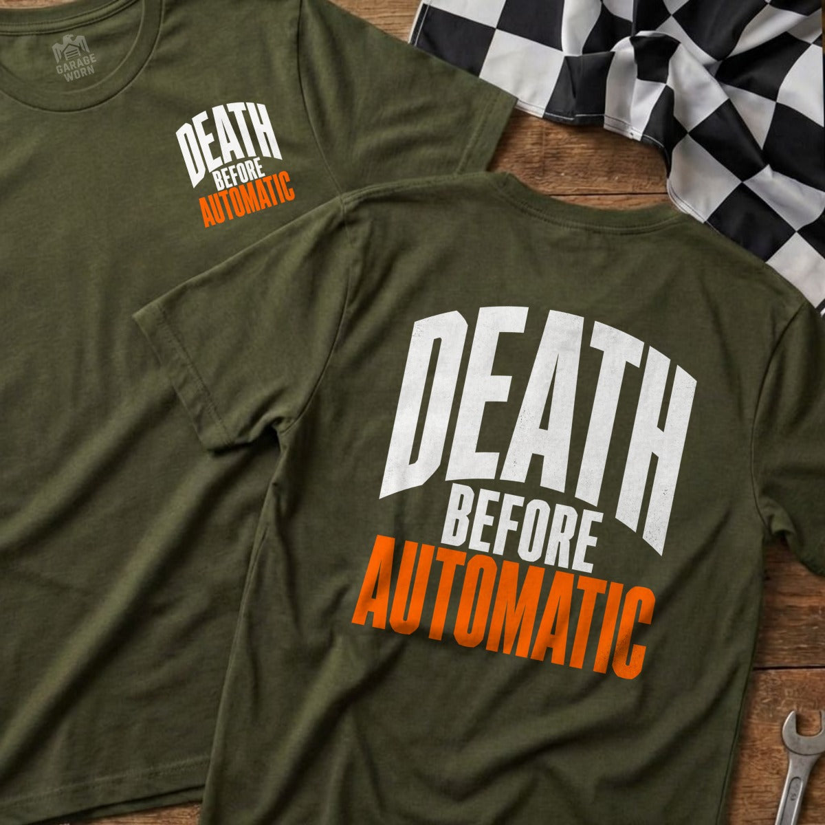 Two olive green t-shirts with "DEATH BEFORE AUTOMATIC" graphic.