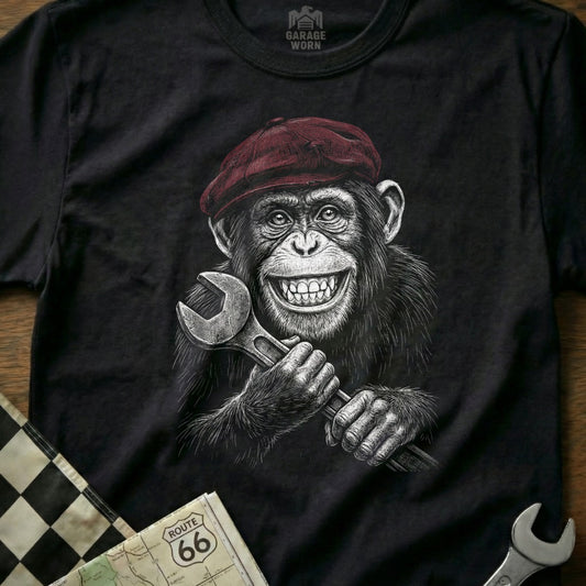 Chimpanzee wearing a red cap holds a wrench, with Route 66 map and checkered flag.