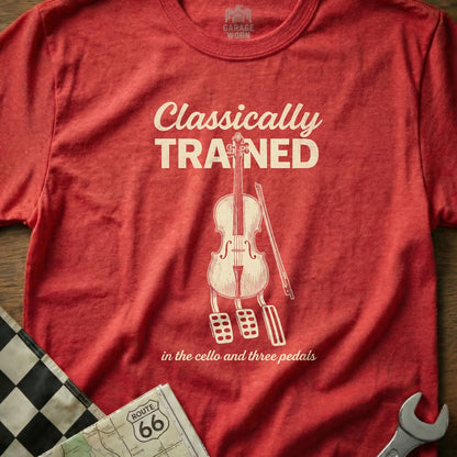 T-shirt with "Classically Trained" text, cello, and pedals.
