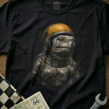 T-shirt graphic of a tortoise wearing a vintage yellow helmet and shell armor.