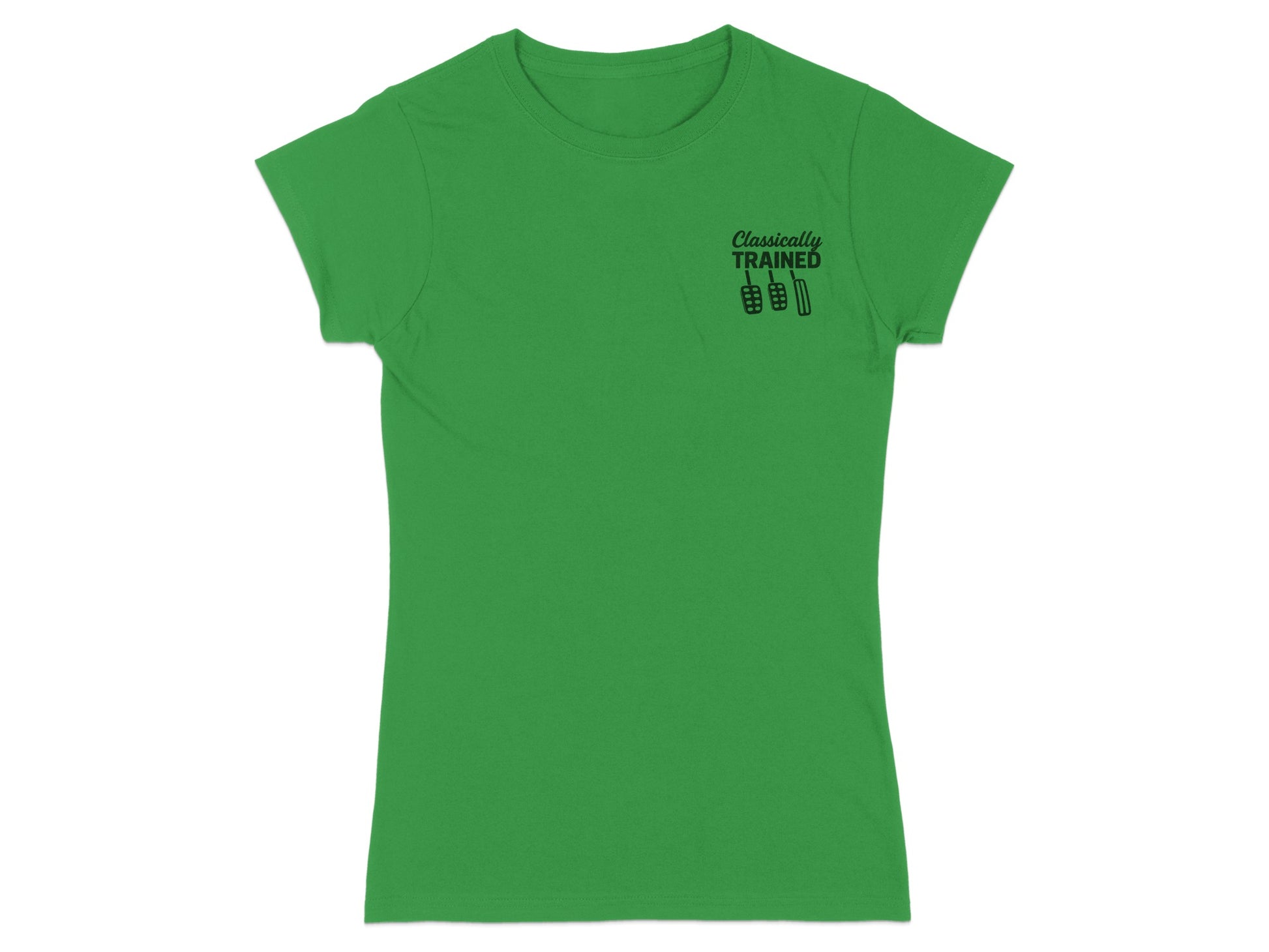 Green t-shirt with "Classically Trained" text and barbell graphic.