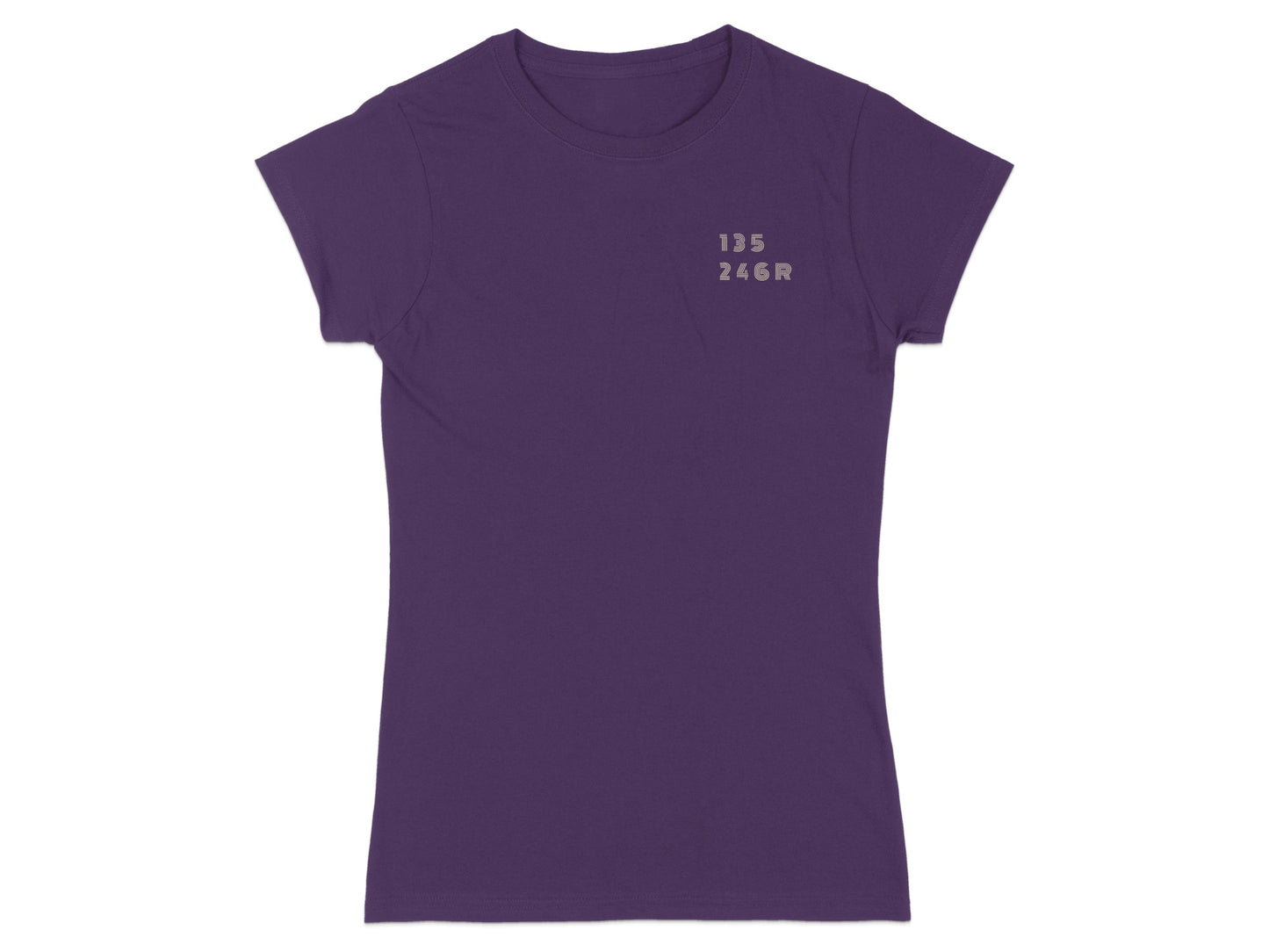 Purple t-shirt with gray text "135 246R" on the upper left chest.