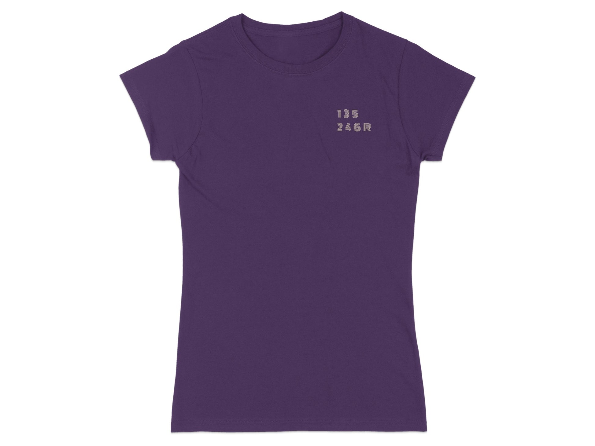 Purple t-shirt with gray text "135 246R" on the upper left chest.