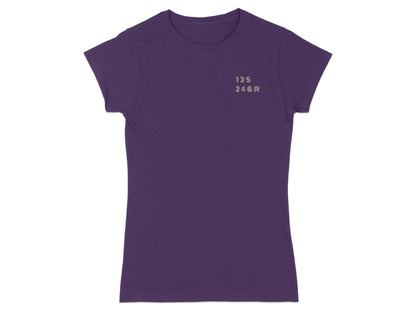 Purple t-shirt with gray text "135 246R" on the upper left chest.