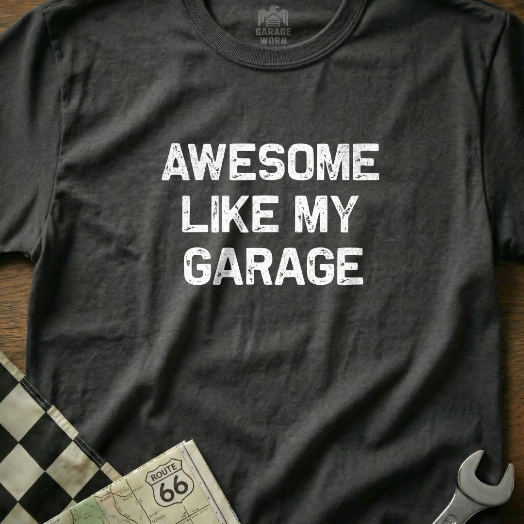 Dark t-shirt with "AWESOME LIKE MY GARAGE" text, checkered flag, and map.