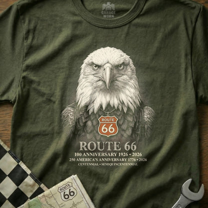 Green t-shirt with an eagle wearing a Route 66 medallion and anniversary text.