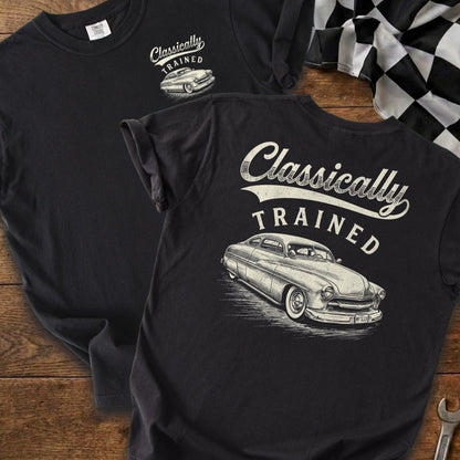 Black t-shirts with "Classically TRAINED" and vintage car graphic.