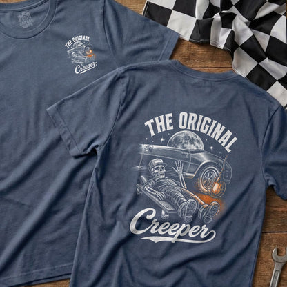 T-shirt with skeleton mechanic on creeper and "The Original Creeper" text.