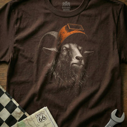 Brown t-shirt with distressed graphic of a ram wearing a welding mask.