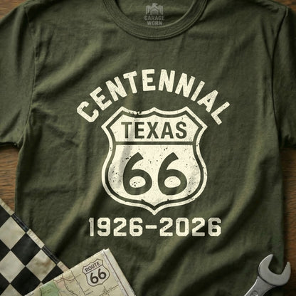 Olive green t-shirt with "Centennial Texas Route 66 1926-2026" text.