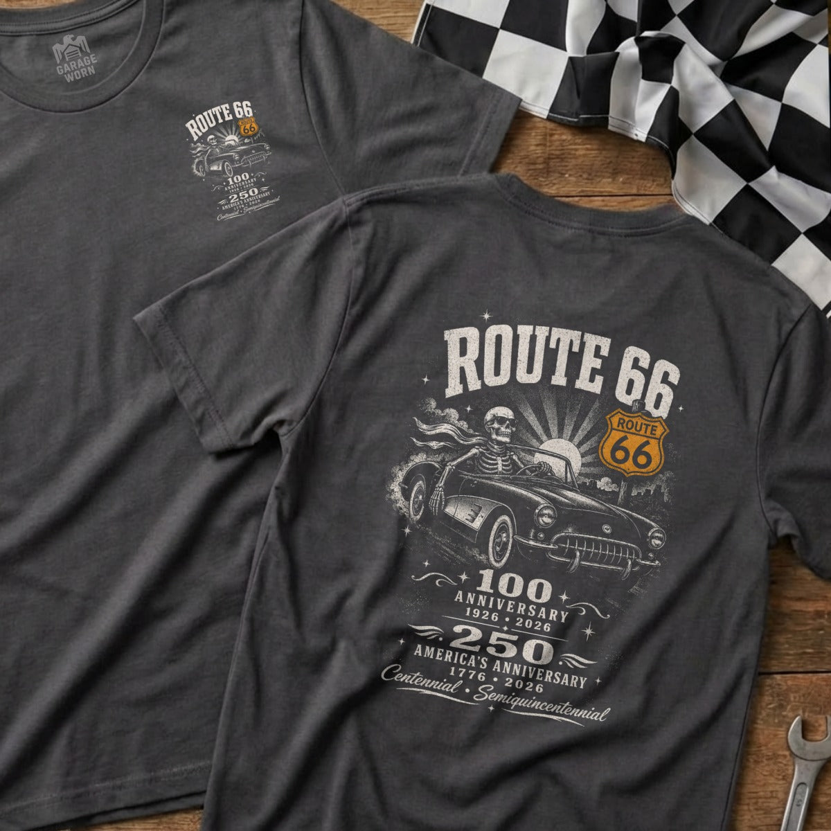 Dark grey t-shirt with Route 66 graphic featuring skeleton driver in a classic car.
