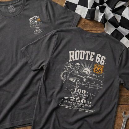 Dark grey t-shirt with Route 66 graphic featuring skeleton driver in a classic car.
