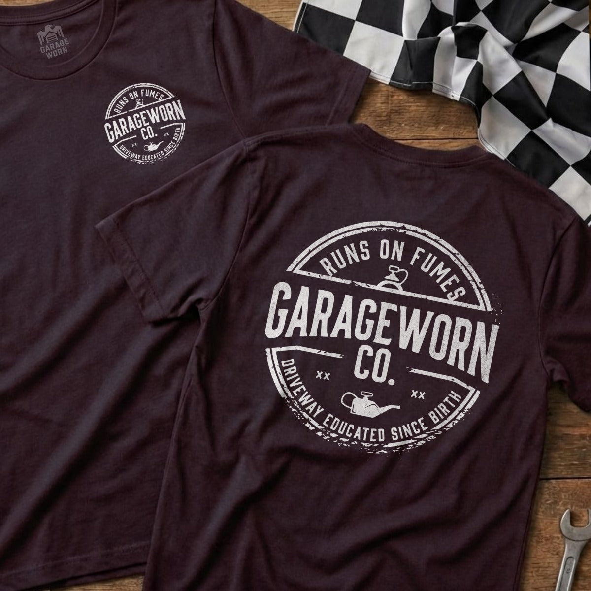 Maroon t-shirt with "Garage Worn Co." and "Runs on Fumes" text on the back.