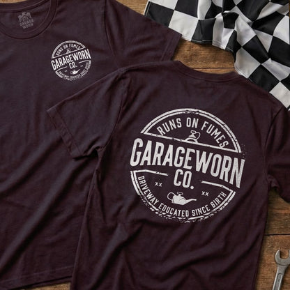 Maroon t-shirt with "Garage Worn Co." and "Runs on Fumes" text on the back.