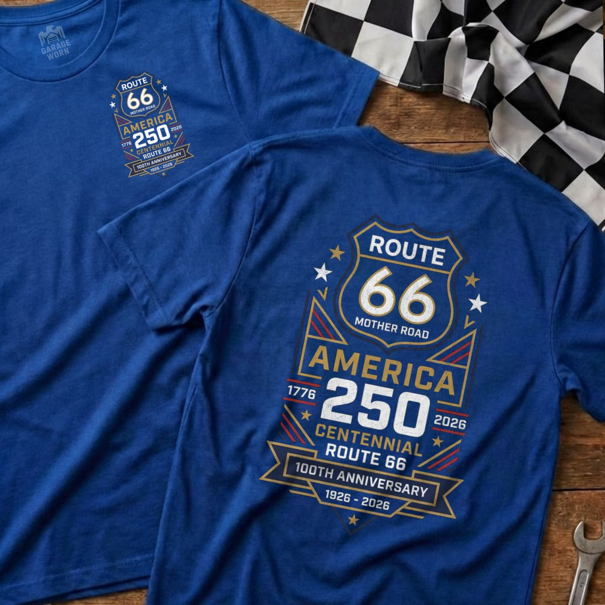 Blue t-shirt with Route 66 Centennial 100th Anniversary design.